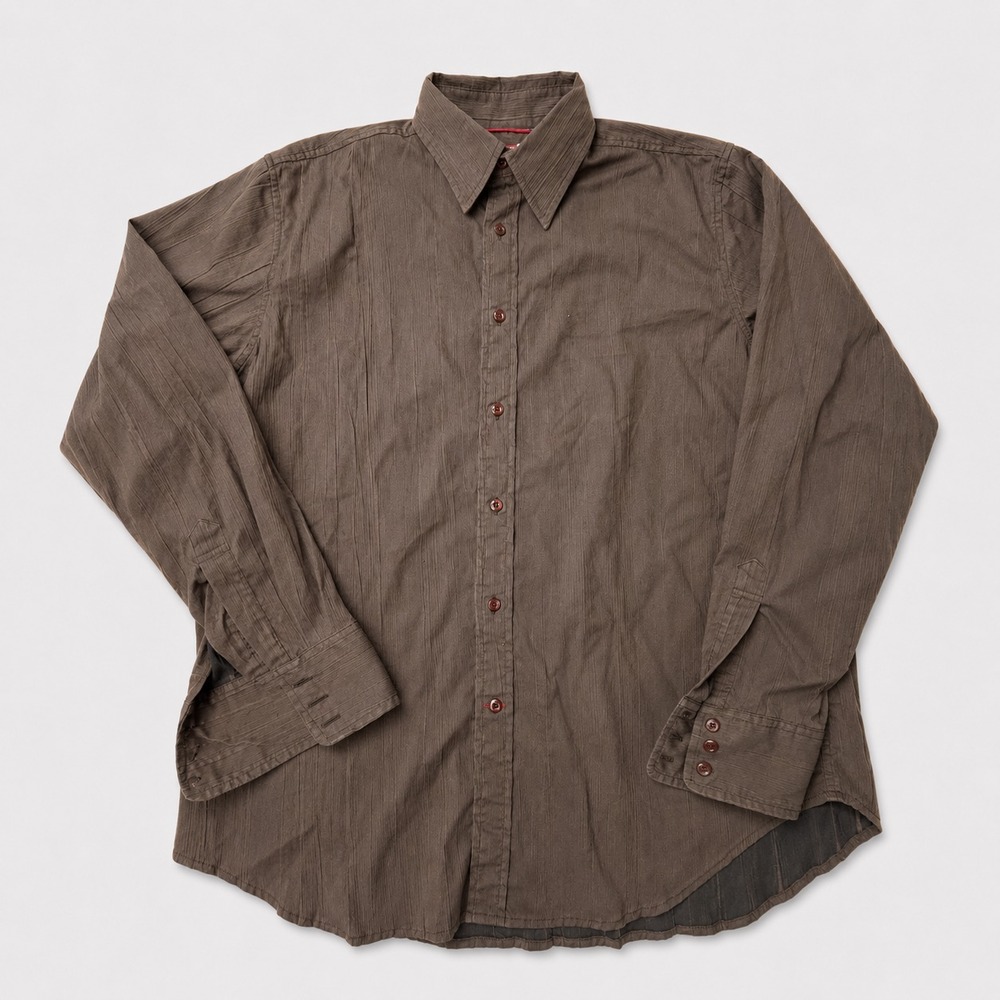 Guess Mens L Brown Textured Button Up Long Sleeve Casual Shirt Cotton Blend